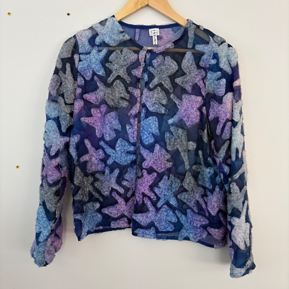 Mack & Mack Blue Purple 3D Textured Silk Sheer Cardigan Jacket Made in USA Small